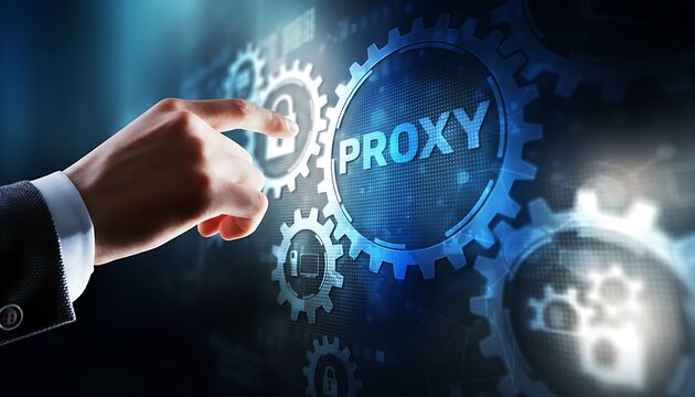 Proxy server cybersecurity concept with hand pressing virtual interface button, gears and padlock icons for privacy protection featuring network, networking, internet with anonymity and anonymous