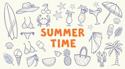 A colorful illustration of various summer icons and objects on a beige background with the words summer time in the center © Saharia