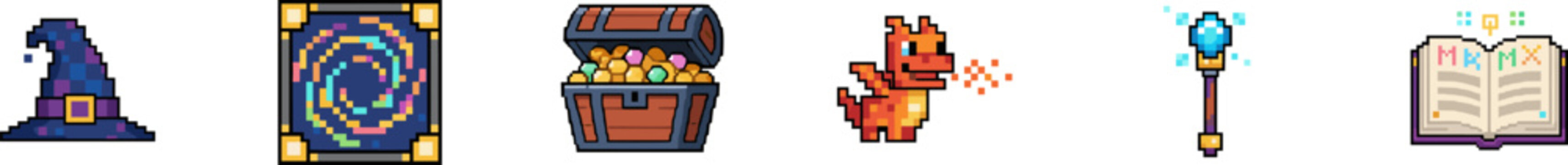 Fantasy role playing game pixel art icons on a white background.