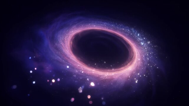 A swirling vortex of purple and pink cosmic dust surrounds a dark, central void