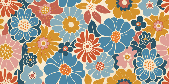 A vibrant repeating floral pattern with stylized blooms in warm tones