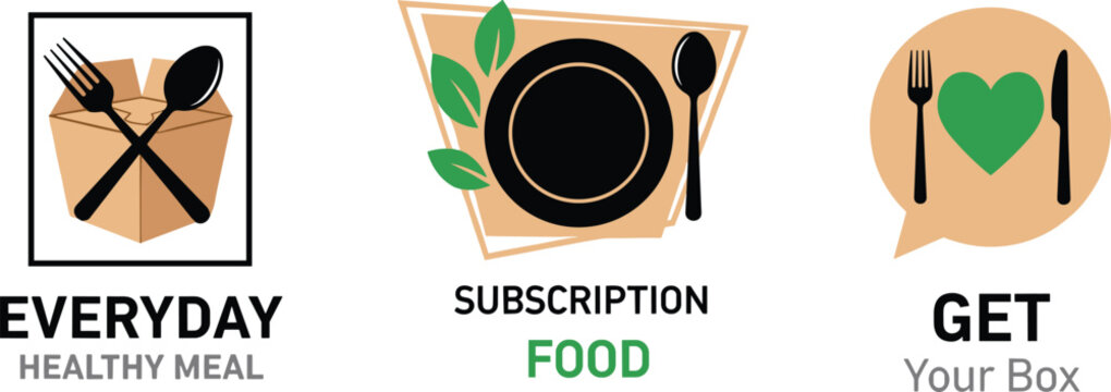 Healthy Meal Subscription Service Icon Set Featuring Eco Friendly Food Box Delivery Graphics for Wellness Apps, Nutrition Websites, and Organic Catering Brand Identity