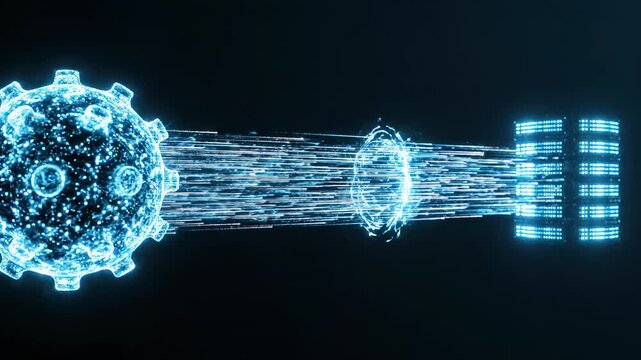Abstract blue digital sphere and data streams moving through futuristic server racks