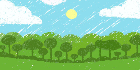 A simple colorful illustration of trees sun and a blue sky