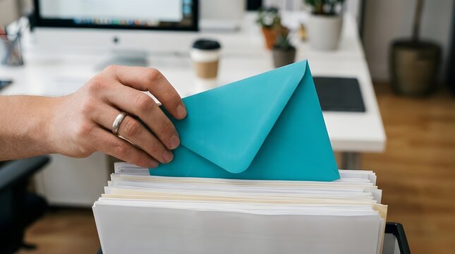 Person's hand placing a teal envelope into a document stack on a clean office desk, illustrating administrative tasks and organized workflow.v