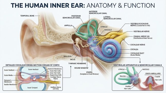Detailed Diagram of the Human Inner Ear Anatomy and Function Featuring Cochlear and Vestibular Components