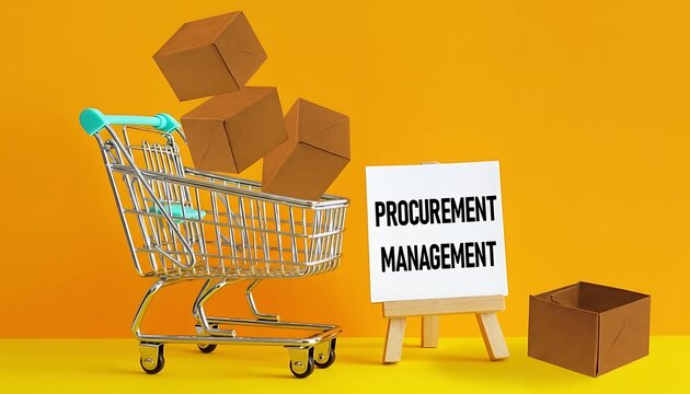 Procurement management concept with shopping cart and cardboard boxes on yellow background for business purchasing and supply chain featuring purchase order, sourcing, supplier with suppliers and