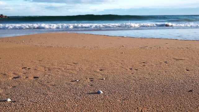 Ground level shot of ocean waves washing over a sandy beach with white sea foam