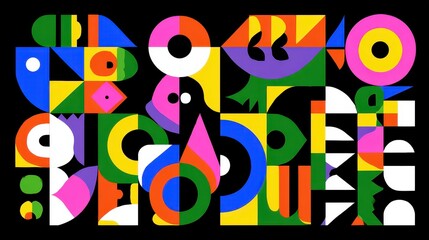 Colorful Geometric Composition with Asymmetrical Shapes on Black Background Bright Pop Art Style Illustration with Circles Triangles Squares and Abstract Forms