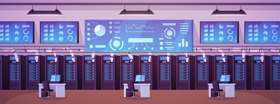 Big data control center interior, vector flat computer system equipment and analyzing graphs on screens in server room