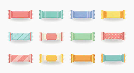Fototapeta premium Colorful wrapped candies are arranged in rows on a surface for display purposes