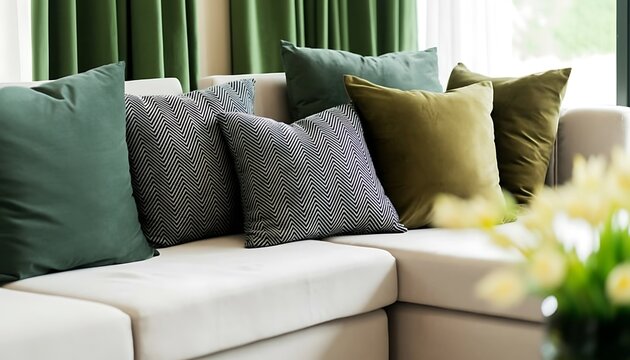 Sofa with decorative cushions in modern living room, cozy home interior with green curtains and natural daylight featuring couch, sectional, pillows with throw pillows and contemporary elements for