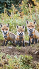 Fototapeta premium Playful Red Fox Cubs Exploring Their Natural Habitat in a Beautiful Wild Meadow Landscape