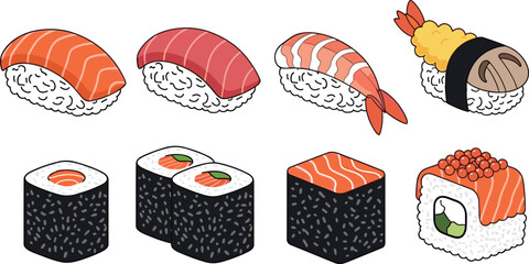 Sushi and rolls vector collection with salmon tuna shrimp nigiri and maki illustrations © Mifta