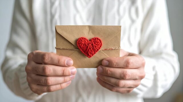 Person wearing white cable knit sweater holding a handmade craft paper envelope with a red crochet heart