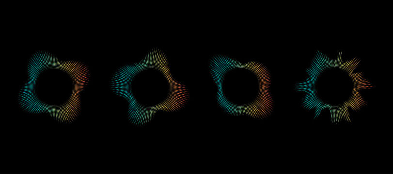 A set of four circular audio waveforms or frequency visualizers on a black background. Sound equalizer icons gradient neon.