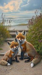 Fototapeta premium Adorable Red Foxes Playfully Bonding Together on a Scenic Coastal Beach During Summer Days
