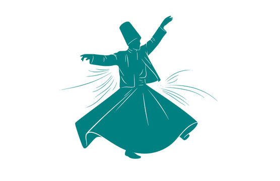 Rumi Poet Whirling Dervish Silhouette, Sufi Mysticism History Vector Sticker, Spiritual Literature and Poetry Illustration