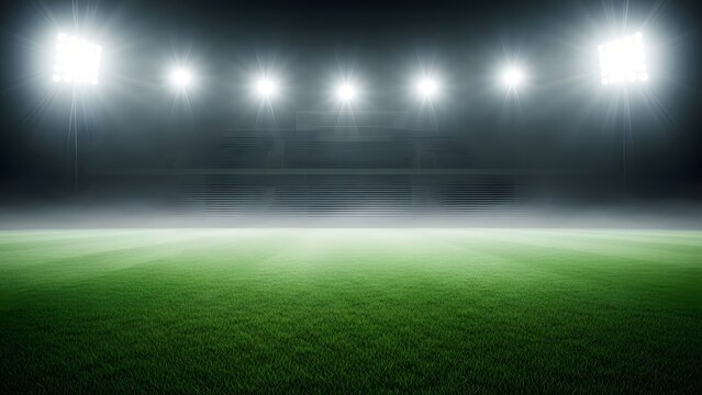 A blurry nighttime view of an empty sports stadium with green grass and bright floodlights