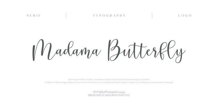 Madama Butterfly, Script alphabet letters font logo. Typography luxury classic lettering serif italic fonts decorative wedding vintage retro logos. vector illustration
