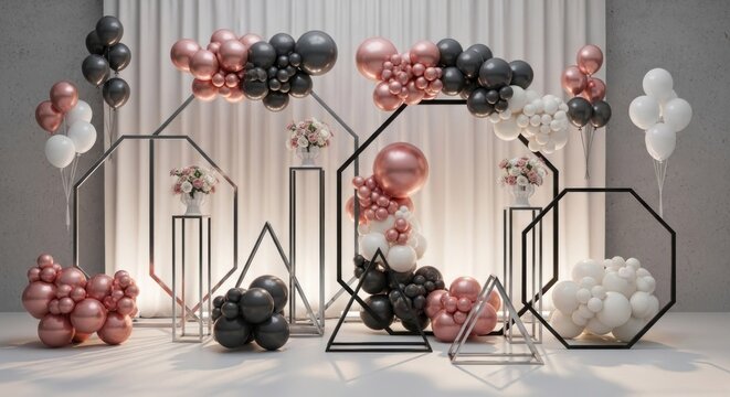 A modern, abstract art installation featuring geometric shapes and balloons in a minimalist setting.
