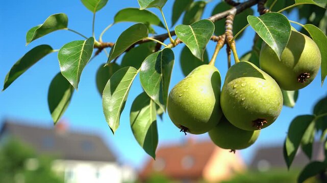 Ripe green pears hanging from a tree branch with leaves.