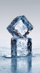 Obraz premium Two Ice Cubes Stacked with Water Droplets Against A Light Background In Soft Light