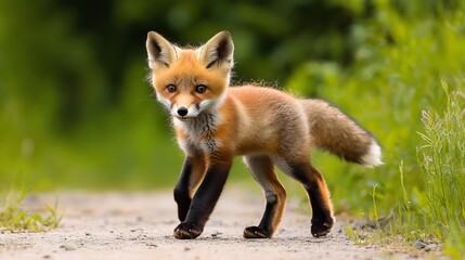 Fototapeta premium Playful Fox Cub Exploring a Peaceful Forest Path Surrounded by Lush Greenery and Nature s Beauty