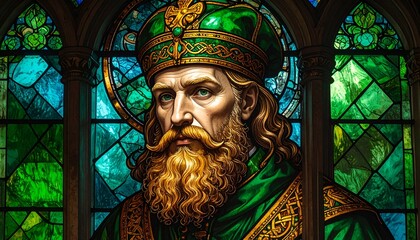 Obraz premium Stained Glass Saint Patrick Portrait in Cathedral