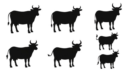 Fototapeta premium Collection of Silhouettes of Cows Standing in a Row on a White Background