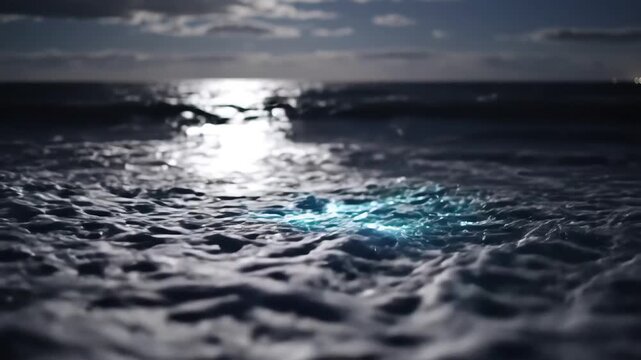 Bioluminescent Plankton Glows in Ocean Waves at Night Under Moonlight Creating a Magical and Ethereal Natural Phenomenon.