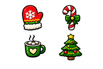 Fototapeta premium A collection of four Christmas-themed stickers featuring a red mitten with a snowflake, a candy cane with a green bow, a mug of hot cocoa with marshmallows, and a decorated tree.