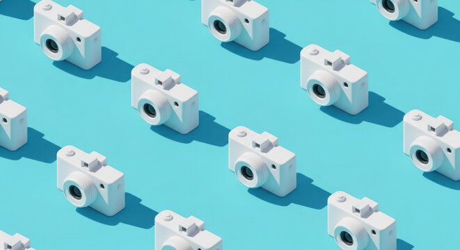 Multiple white cameras arranged in a pattern on a blue background.