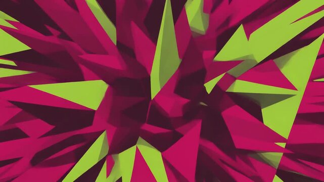 Vibrant abstract background with dynamic magenta and lime green spiky polygonal shapes.