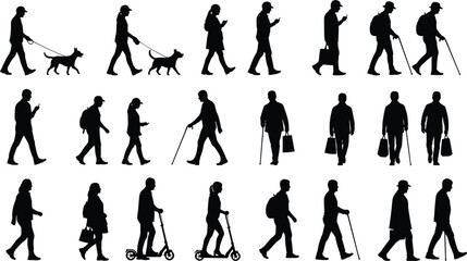Fototapeta premium Diverse people walking silhouettes set, men and women walking dogs, using smartphones, riding scooters, shopping with bags, and elderly with canes.