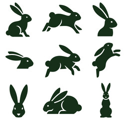 Fototapeta premium Collection of green rabbit silhouettes in various poses on white background