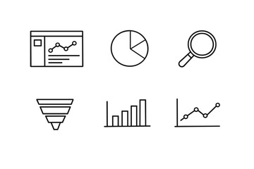 A set of six minimalist black and white icons representing data analysis and business metrics, including a pie chart, bar graph, line graphs, a funnel, and a magnifying glass.