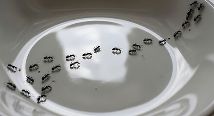 A trail of ants marching in a single file line across a white plate