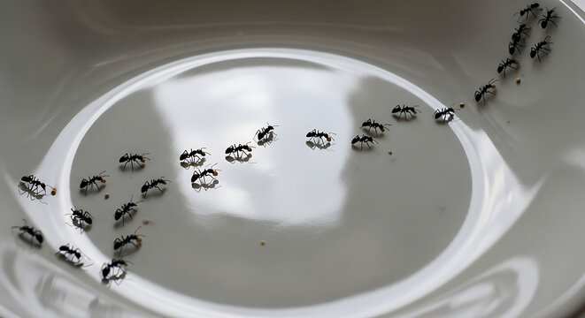 A trail of ants marching in a single file line across a white plate