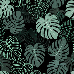 Seamless pattern of monstera leaves in shades of green and black © Sourav