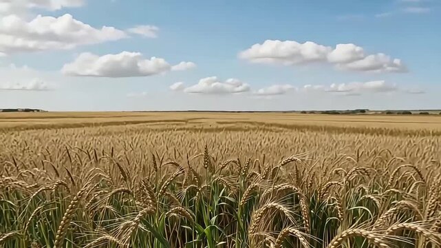 Vast golden wheat field under a bright blue sky with scattered clouds, showcasing a crop circle pattern.