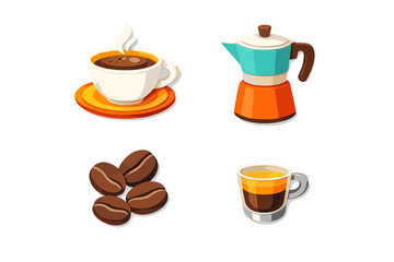 Obraz premium A set of four stylized 3D icons featuring a steaming cup of coffee on a saucer, a colorful moka pot, roasted coffee beans, and a layered espresso glass against a black background.