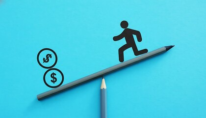 Running figure icon balancing on pencil seesaw with dollar symbols, concept of financial pressure, budgeting and rising costs featuring whisk, balance, lever with fulcrum and runner elements for
