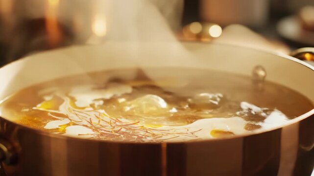 A close-up of a rich broth with saffron simmering in a copper pot. Hot, steaming soup bubbling during the cooking process. Gourmet culinary preparation