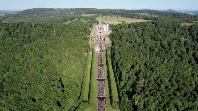 Aerial view of the Hercules Monument and Wilhelmshohe Bergpark, a cascade of water flowing down to the castle, Kassel, Hessen, Germany.