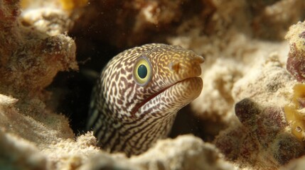 Elegant spotted moray eel peeking from its rocky underwater den, showcasing its striking patterns and curious eyes