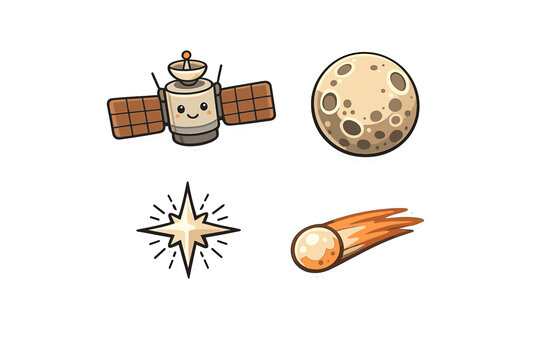 A collection of four cute space-themed stickers featuring a smiling satellite, a cratered moon, a bright shining star, and a flying comet, all set against a solid black background.