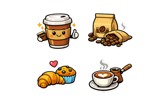 A collection of four coffee-themed sticker illustrations featuring a cute cartoon cup, coffee beans in bags, a croissant with a muffin, and a latte with a traditional cezve pot.