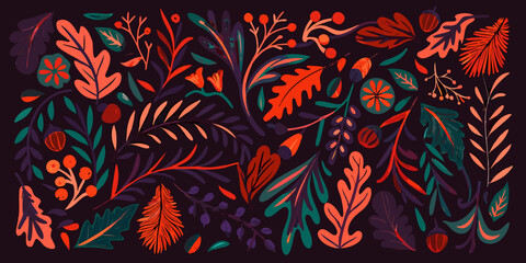 A vibrant stylized botanical illustration featuring leaves flowers and berries © Sourav