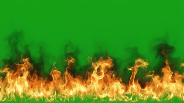 A wall of realistic fire with black smoke rising against a solid green screen background for chroma key compositing.